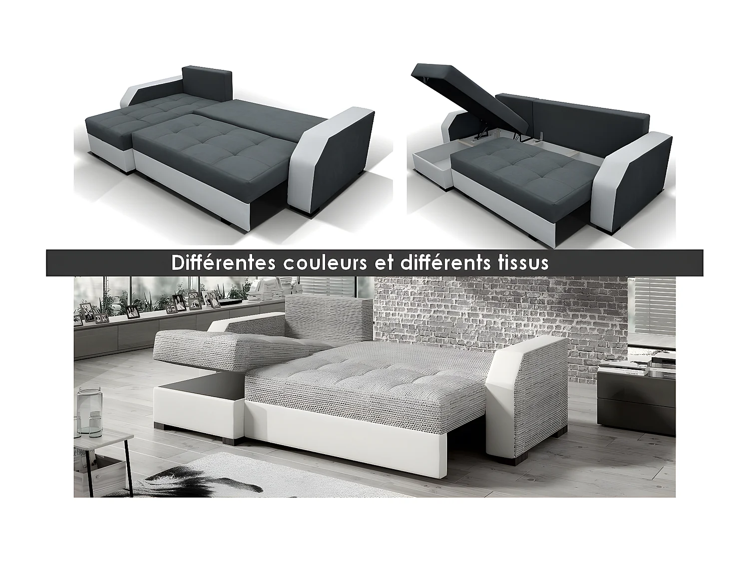 Canapé d'angle convertible - ARTE - en tissu de qualité - gris foncé et gris clair, 3/4 places, angle gauche (vu de face)