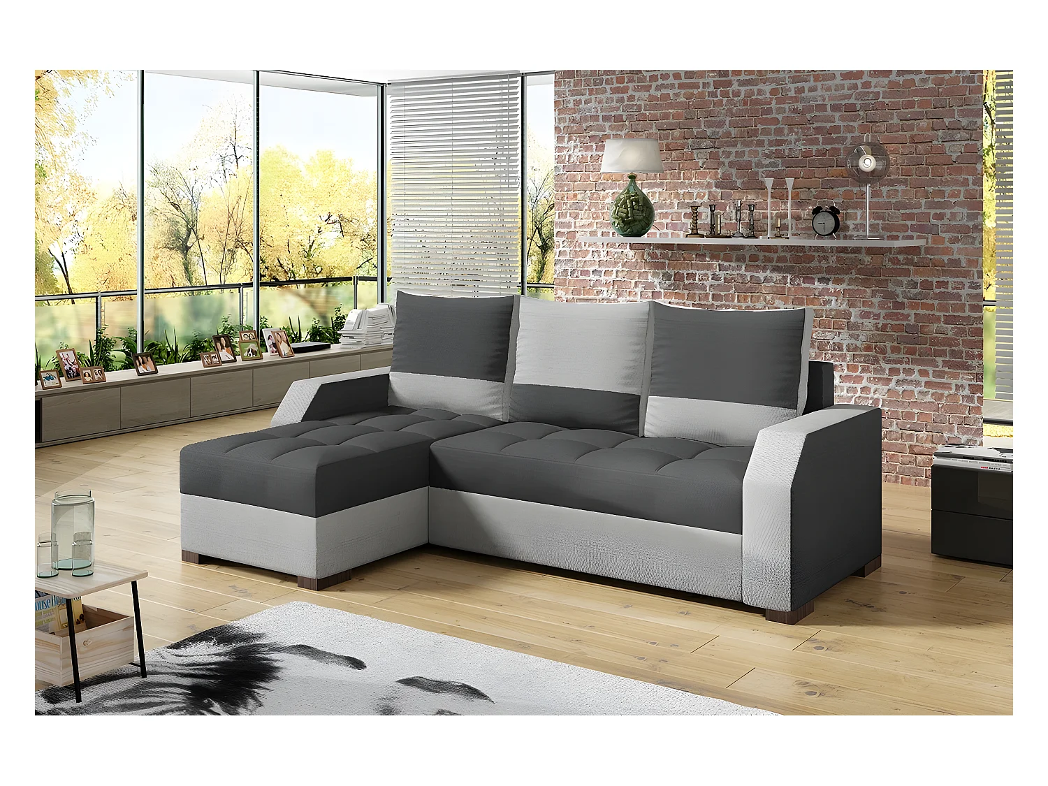 Canapé d'angle convertible - ARTE - en tissu de qualité - gris foncé et gris clair, 3/4 places, angle gauche (vu de face)