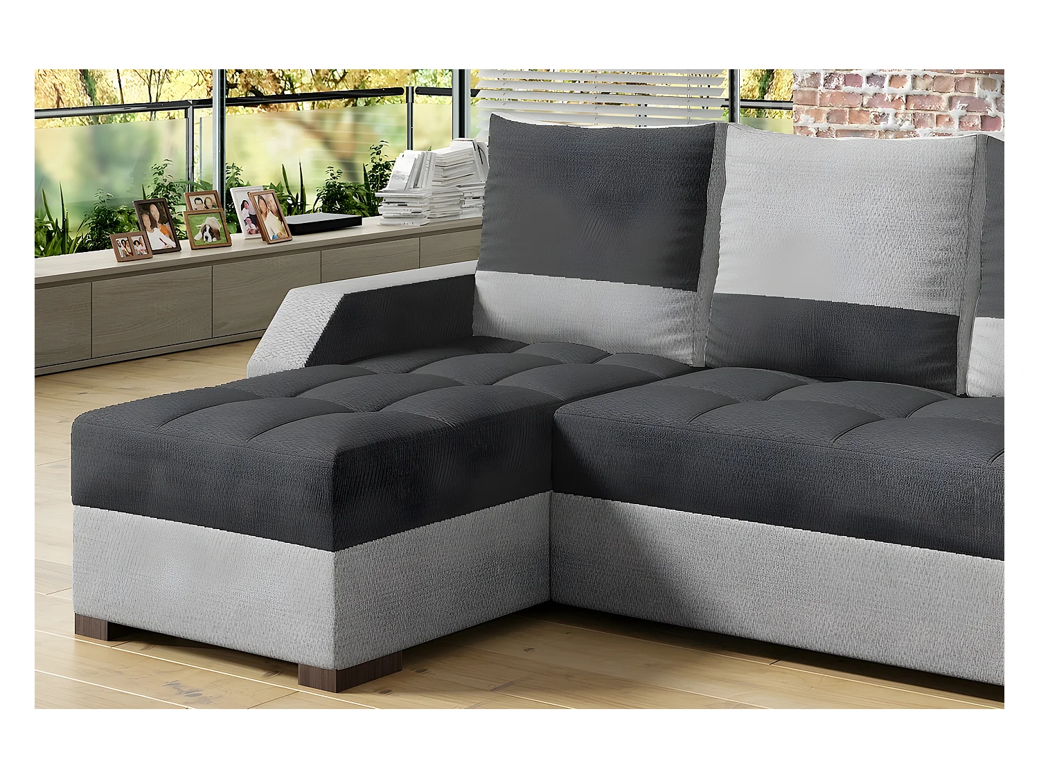 Canapé d'angle convertible - ARTE - en tissu de qualité - gris foncé et gris clair, 3/4 places, angle gauche (vu de face)