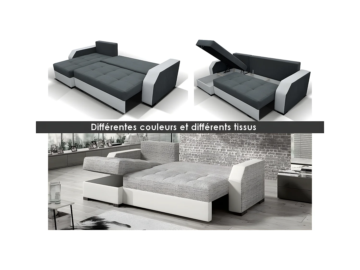 Canapé d'angle convertible - ARTE - en tissu de qualité - gris foncé et gris clair, 3/4 places, angle gauche (vu de face)