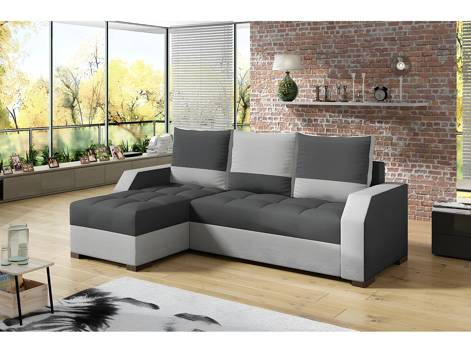 Canapé d'angle convertible - ARTE - en tissu de qualité - gris foncé et gris clair, 3/4 places, angle gauche (vu de face)