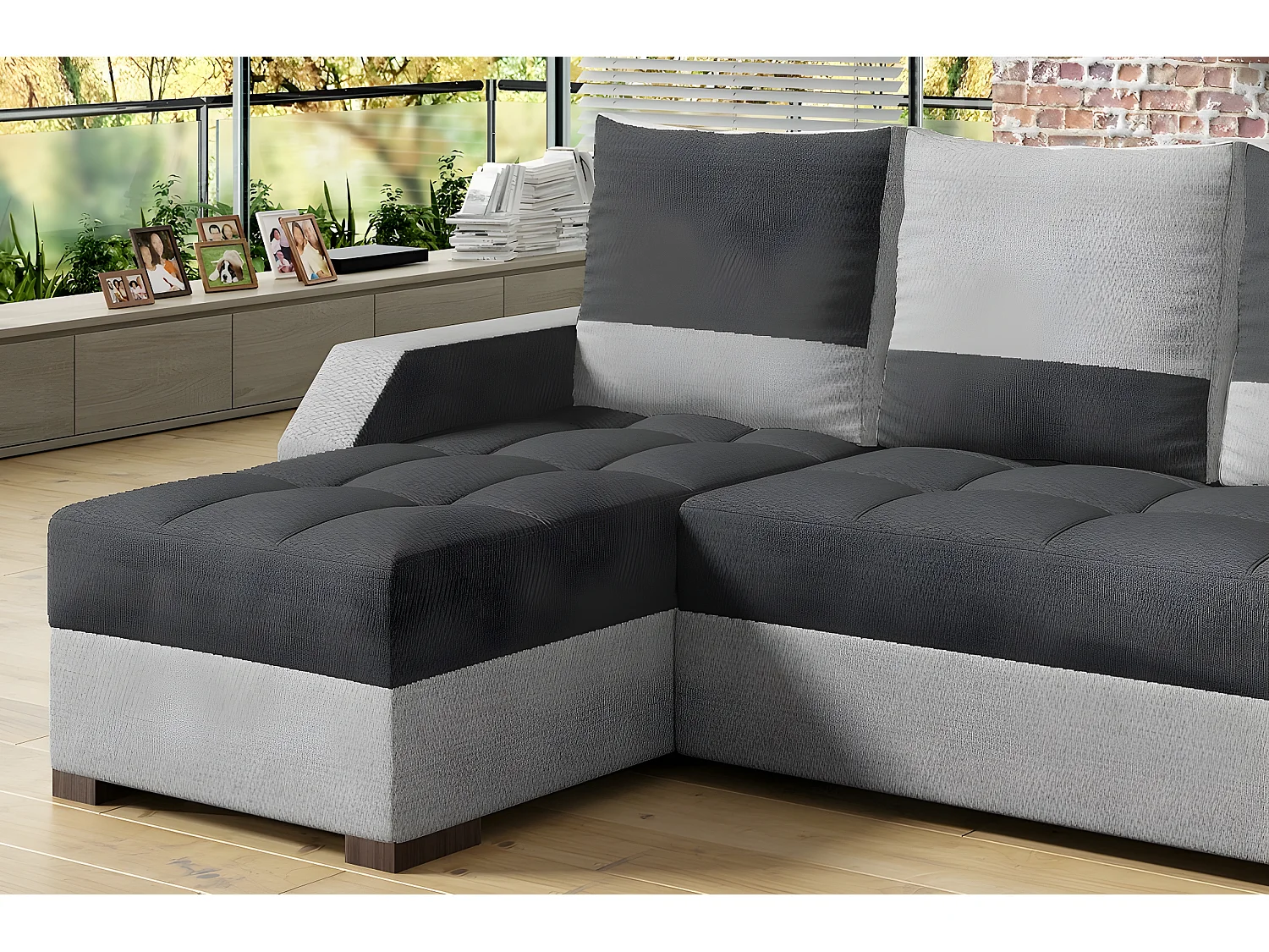 Canapé d'angle convertible - ARTE - en tissu de qualité - gris foncé et gris clair, 3/4 places, angle gauche (vu de face)