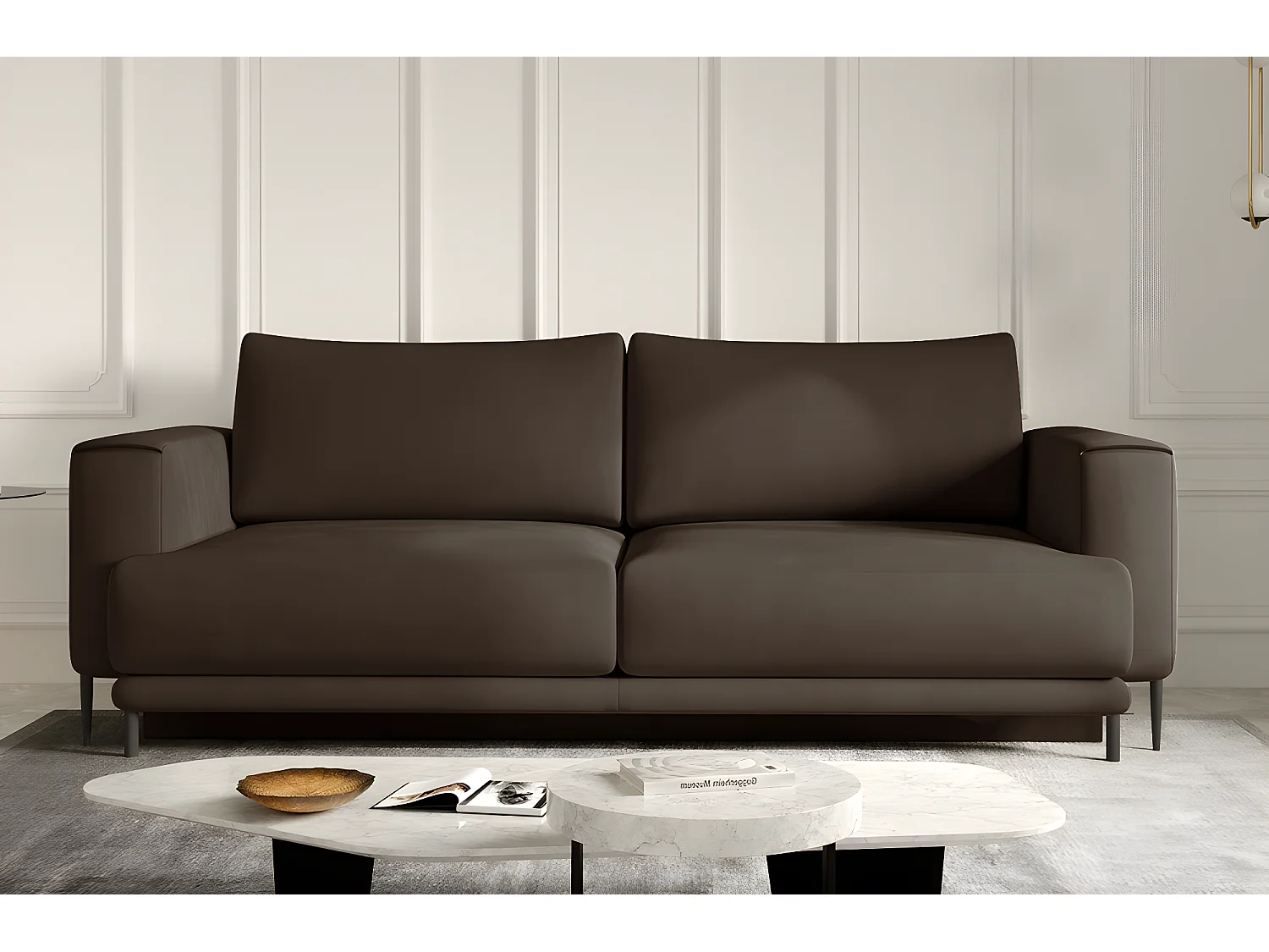 Canapé 3/4 places convertible et espace de rangement - marron - en tissu de qualité, DANY