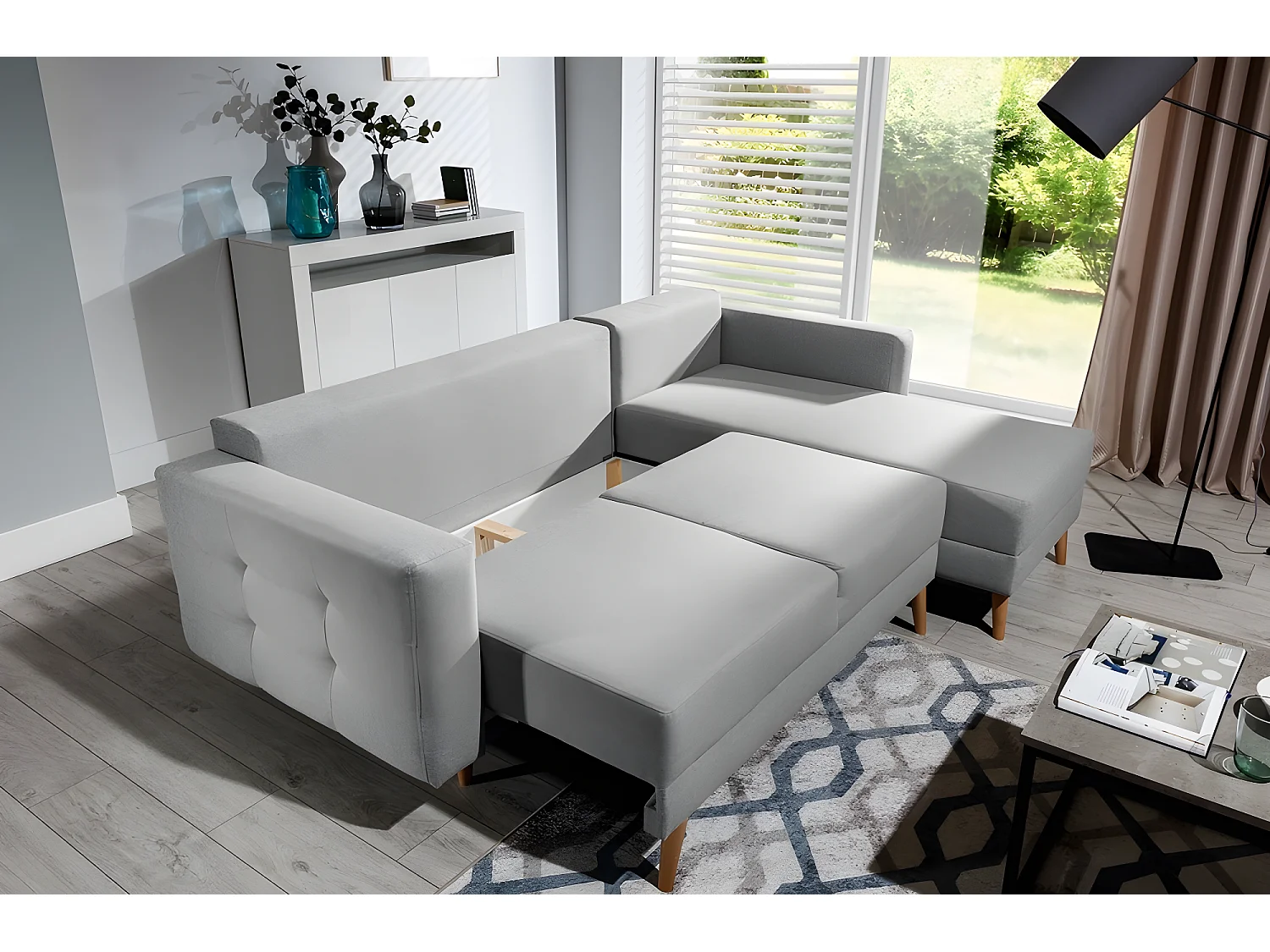 Canapé d'angle convertible ASSIA en tissu de qualité 5 places, gris, angle droit (vu de face)