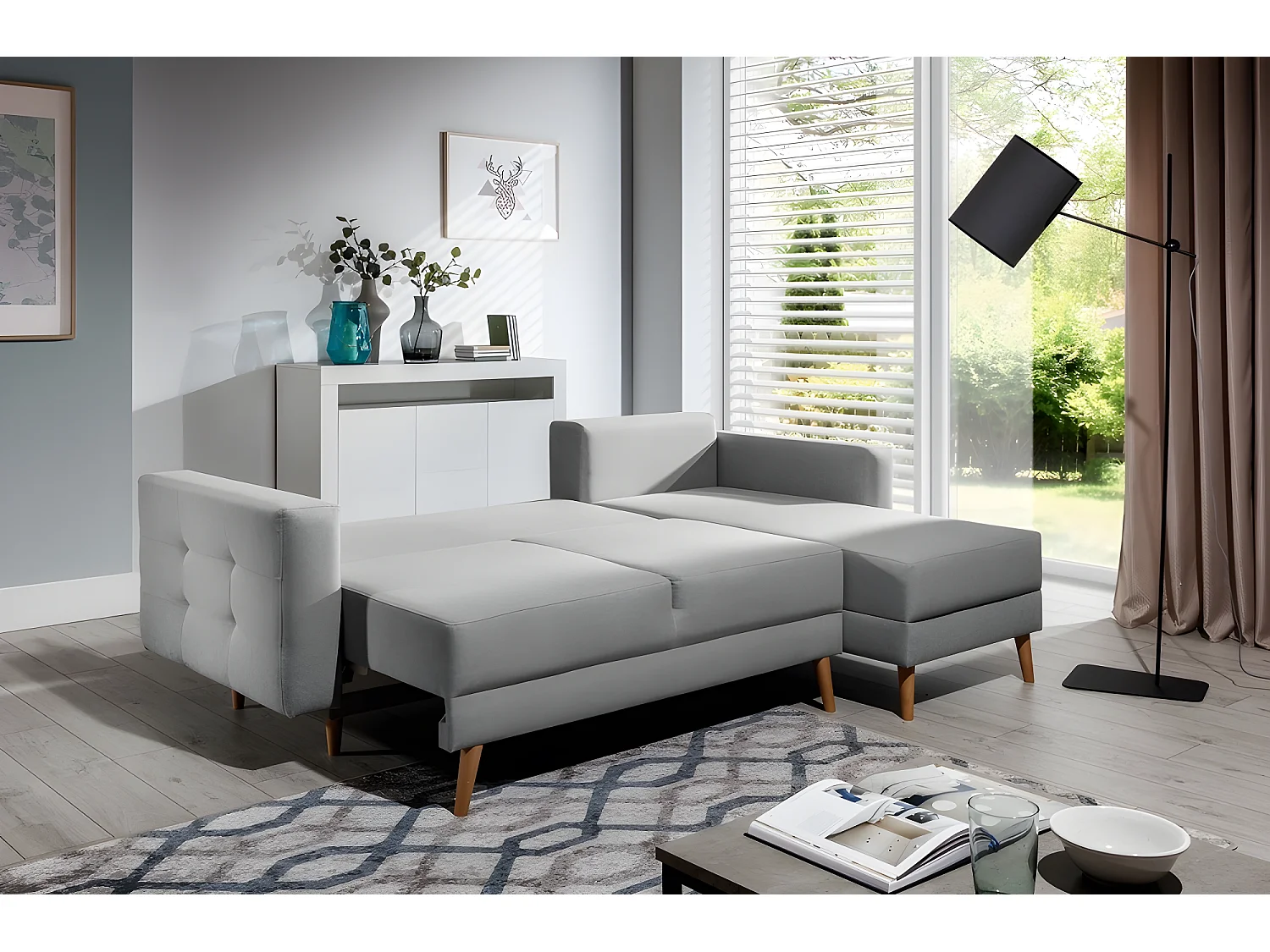 Canapé d'angle convertible ASSIA en tissu de qualité 5 places, gris, angle droit (vu de face)