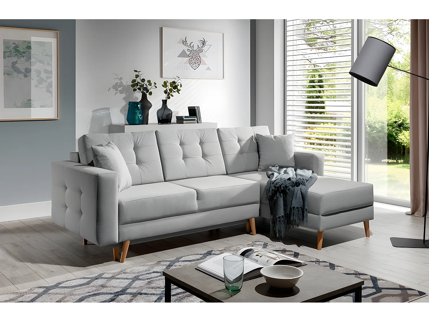 Canapé d'angle convertible ASSIA en tissu de qualité 5 places, gris, angle droit (vu de face)