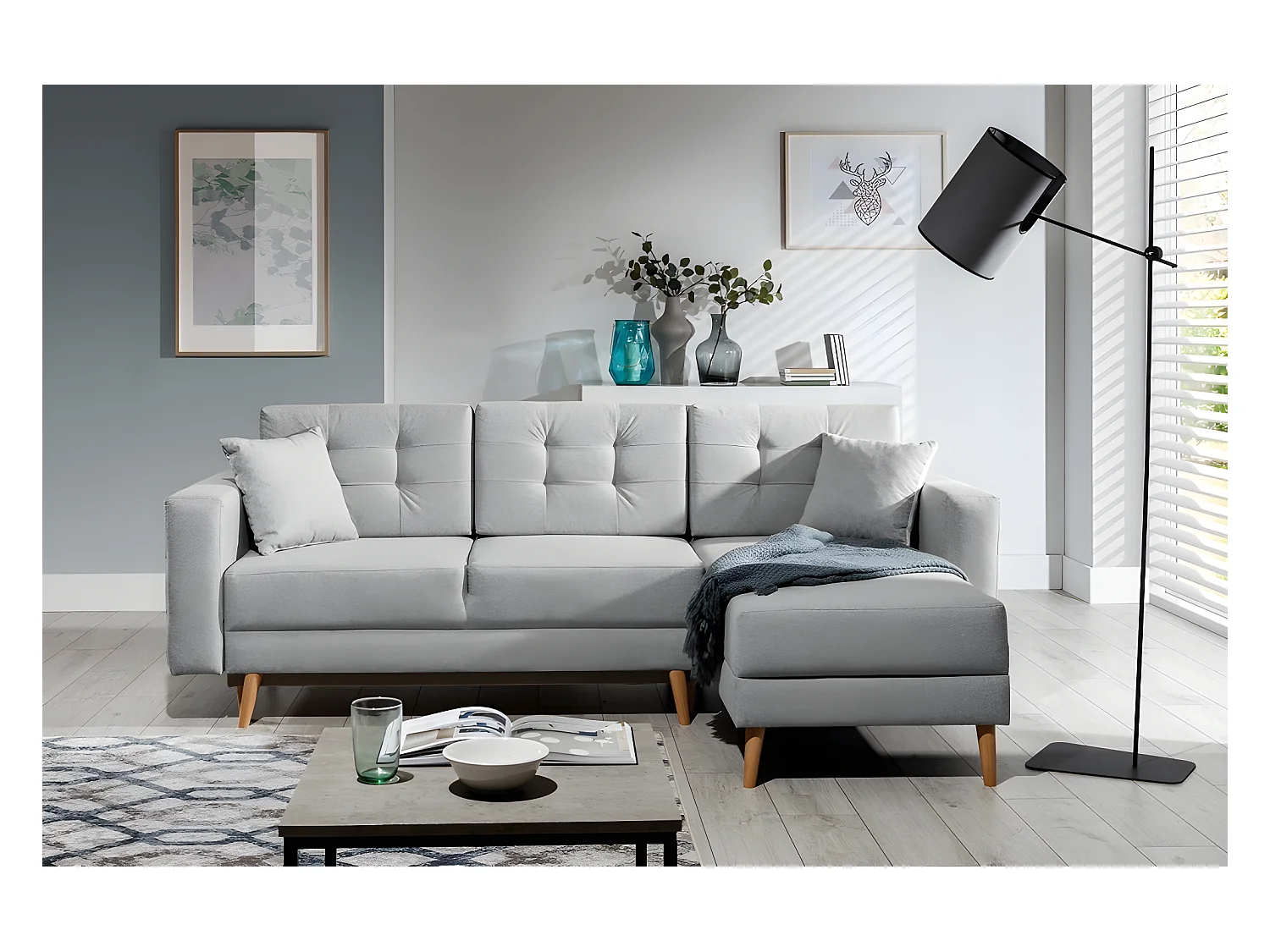 Canapé d'angle convertible ASSIA en tissu de qualité 5 places, gris, angle droit (vu de face)