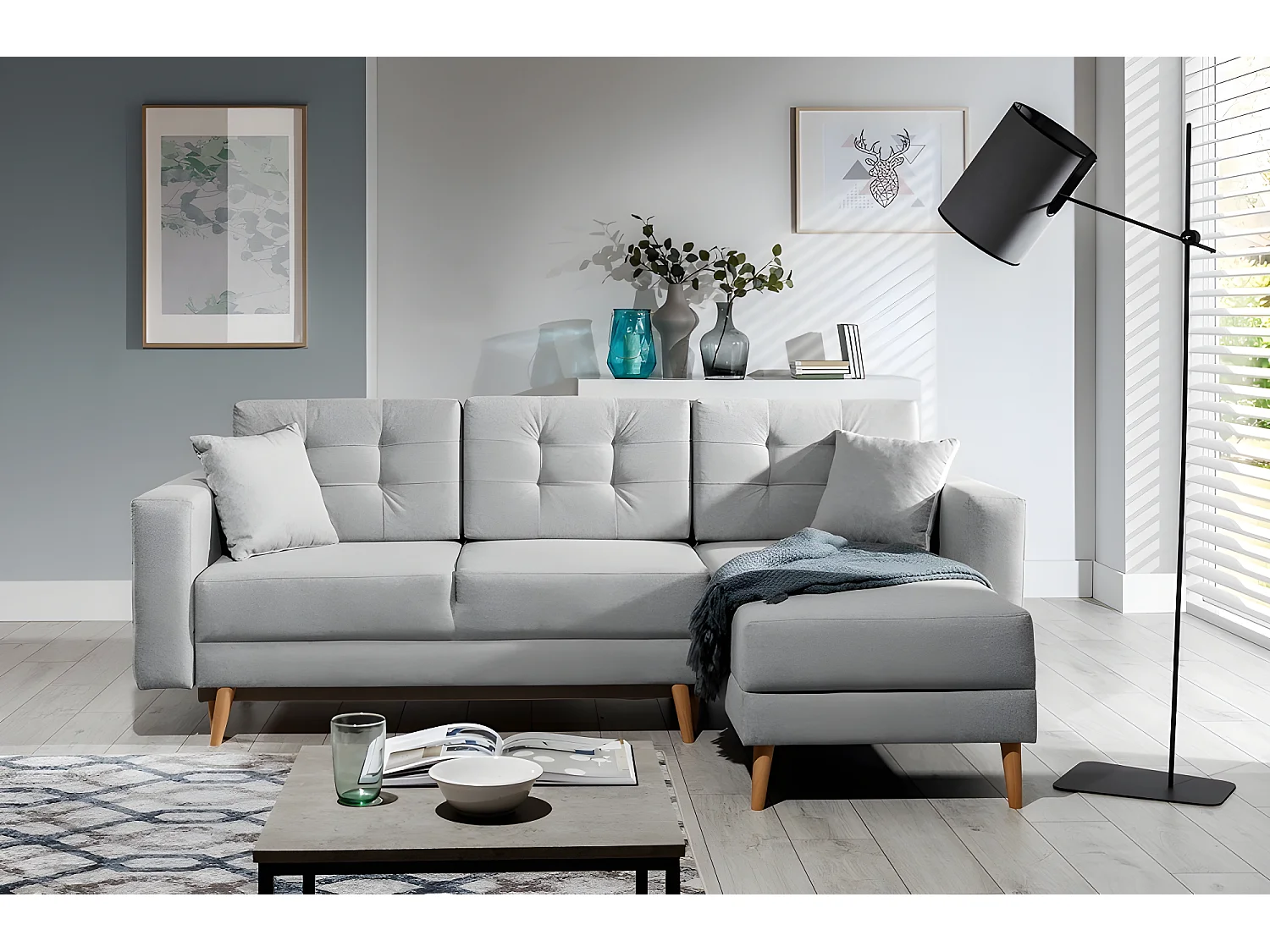 Canapé d'angle convertible ASSIA en tissu de qualité 5 places, gris, angle droit (vu de face)