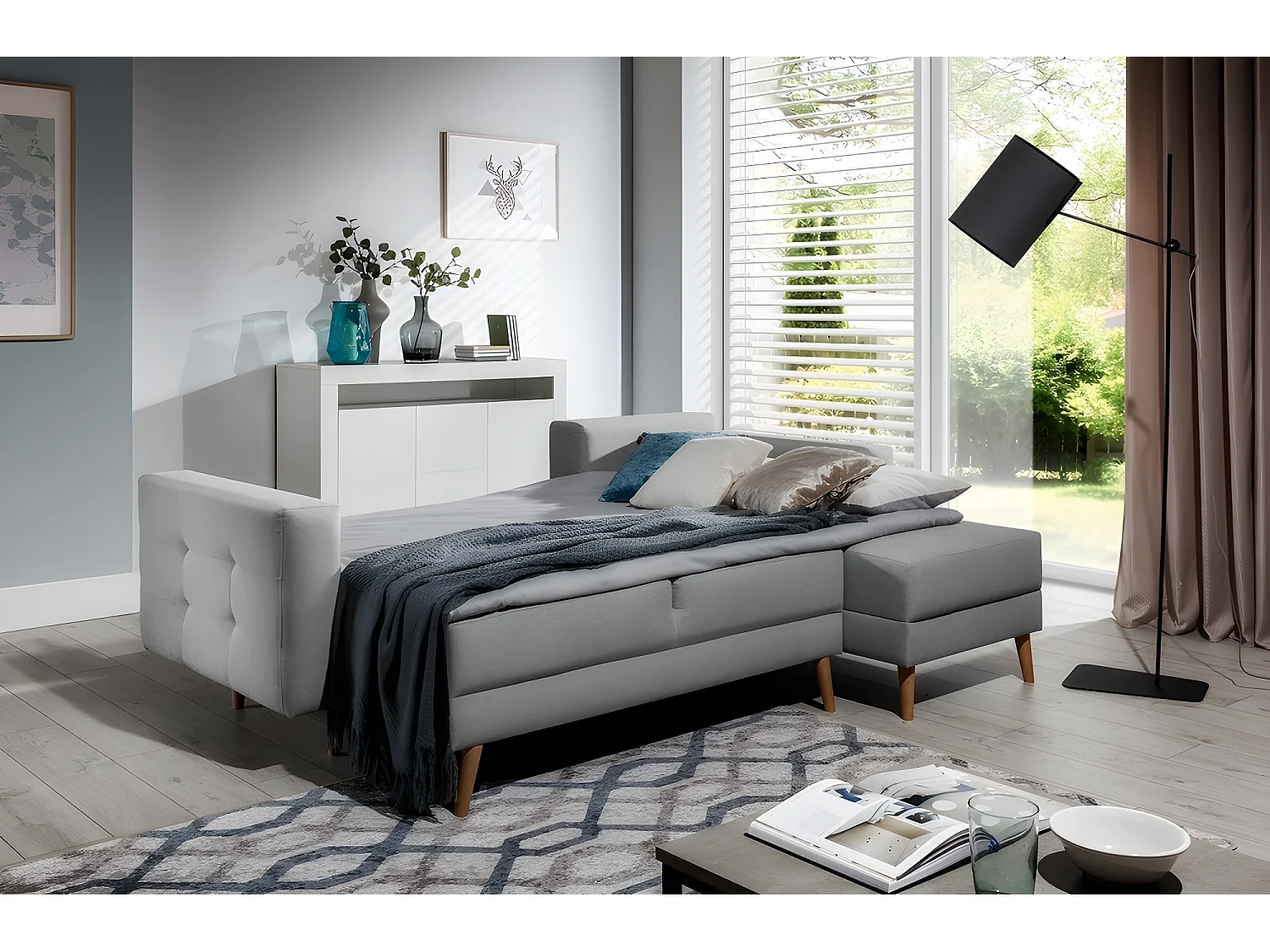 Canapé d'angle convertible ASSIA en tissu de qualité 5 places, gris, angle droit (vu de face)