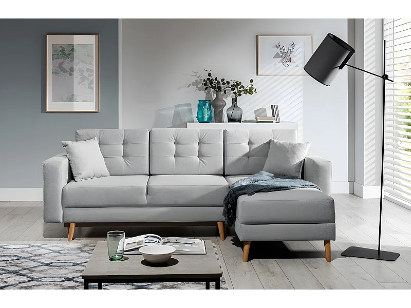 Canapé d'angle convertible ASSIA en tissu de qualité 5 places, gris, angle droit (vu de face)