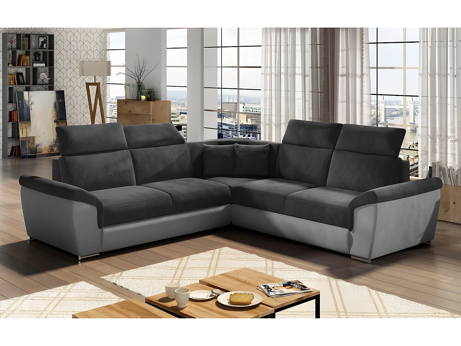 Canapé d'angle - convertible - FELIPE VELOURS - en tissu luxe gris foncé et gris clair, 5/6 places