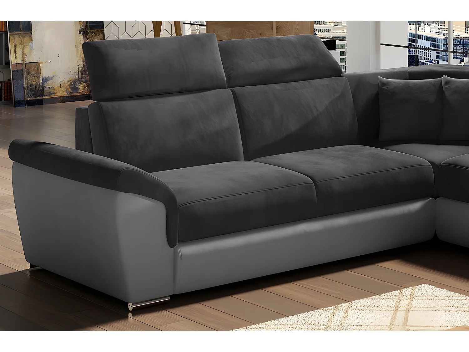 Canapé d'angle - convertible - FELIPE VELOURS - en tissu luxe gris foncé et gris clair, 5/6 places