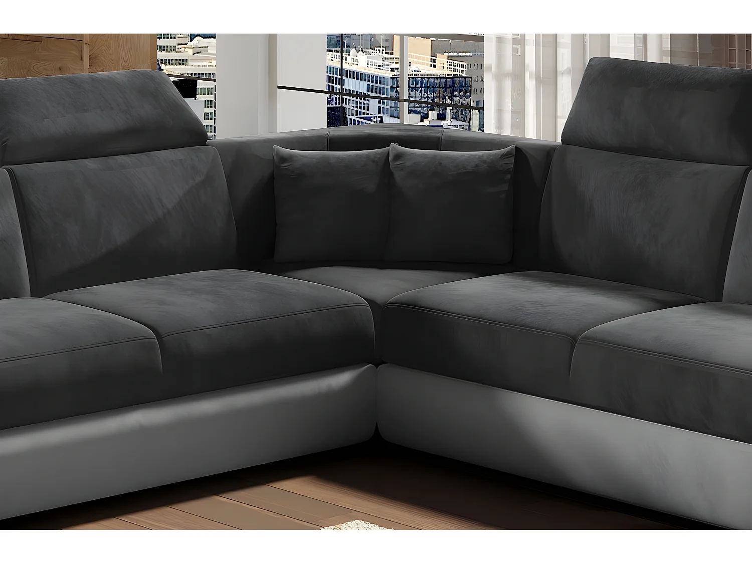 Canapé d'angle - convertible - FELIPE VELOURS - en tissu luxe gris foncé et gris clair, 5/6 places