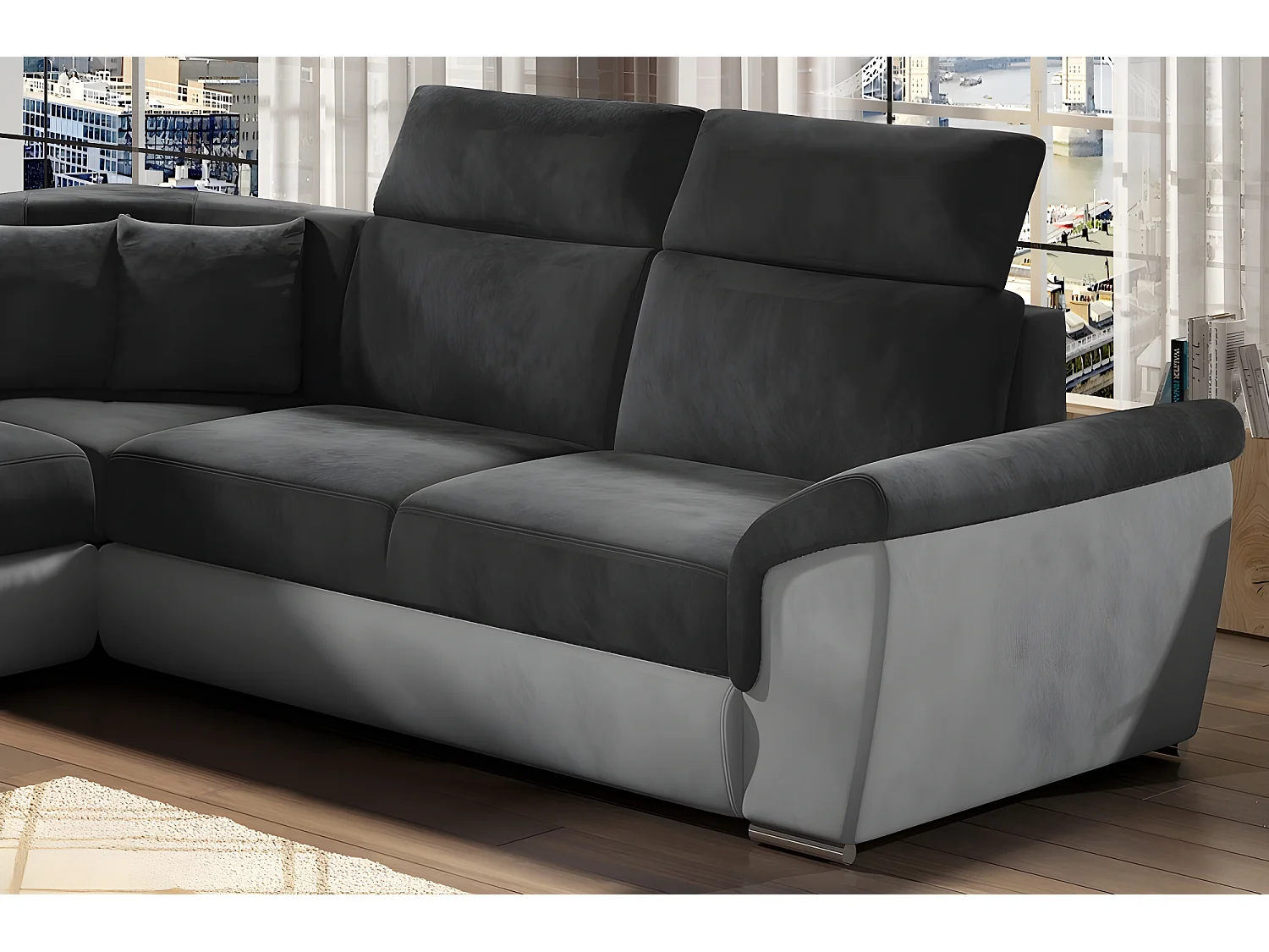 Canapé d'angle - convertible - FELIPE VELOURS - en tissu luxe gris foncé et gris clair, 5/6 places