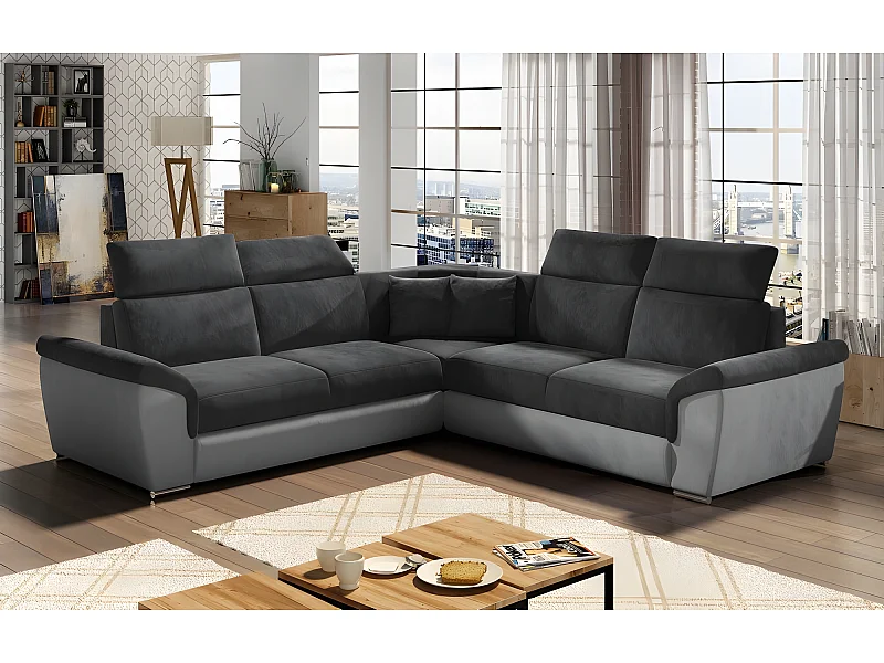 Canapé d'angle - convertible - FELIPE VELOURS - en tissu luxe gris foncé et gris clair, 5/6 places