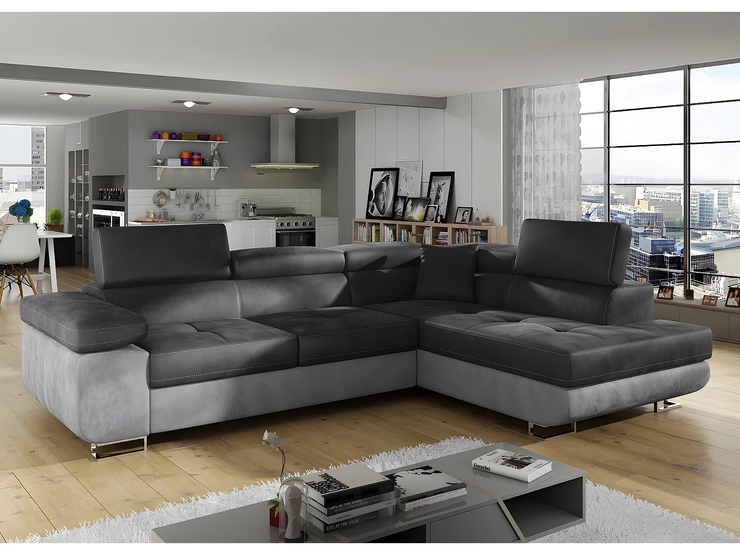 Canapé d'angle convertible en tissu luxe 5 places, avec coffre, gris foncé / gris clair, angle droit (vu de face), ANNECY VELOURS