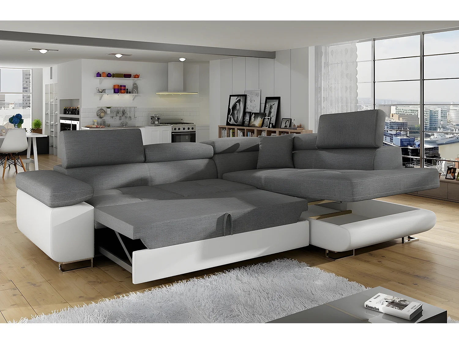 Canapé d'angle convertible en tissu luxe 5 places, avec coffre, gris foncé / gris clair, angle droit (vu de face), ANNECY VELOURS