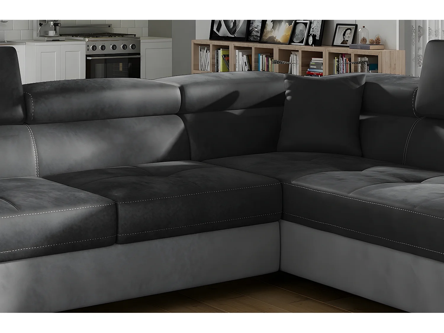 Canapé d'angle convertible en tissu luxe 5 places, avec coffre, gris foncé / gris clair, angle droit (vu de face), ANNECY VELOURS