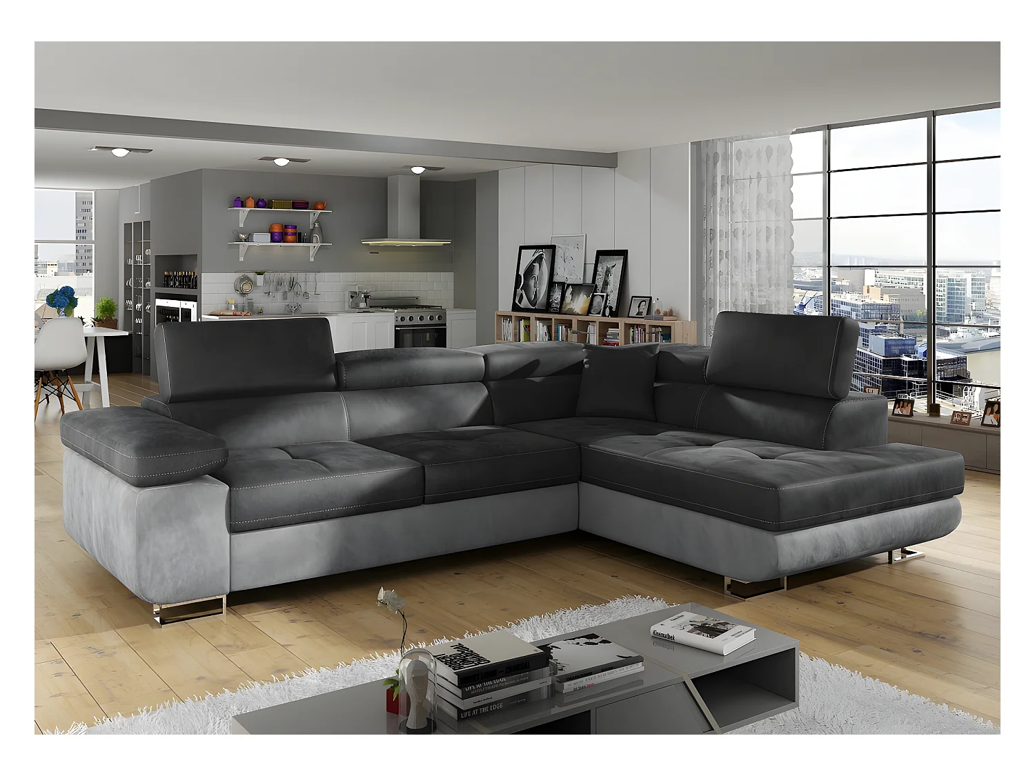 Canapé d'angle convertible en tissu luxe 5 places, avec coffre, gris foncé / gris clair, angle droit (vu de face), ANNECY VELOURS