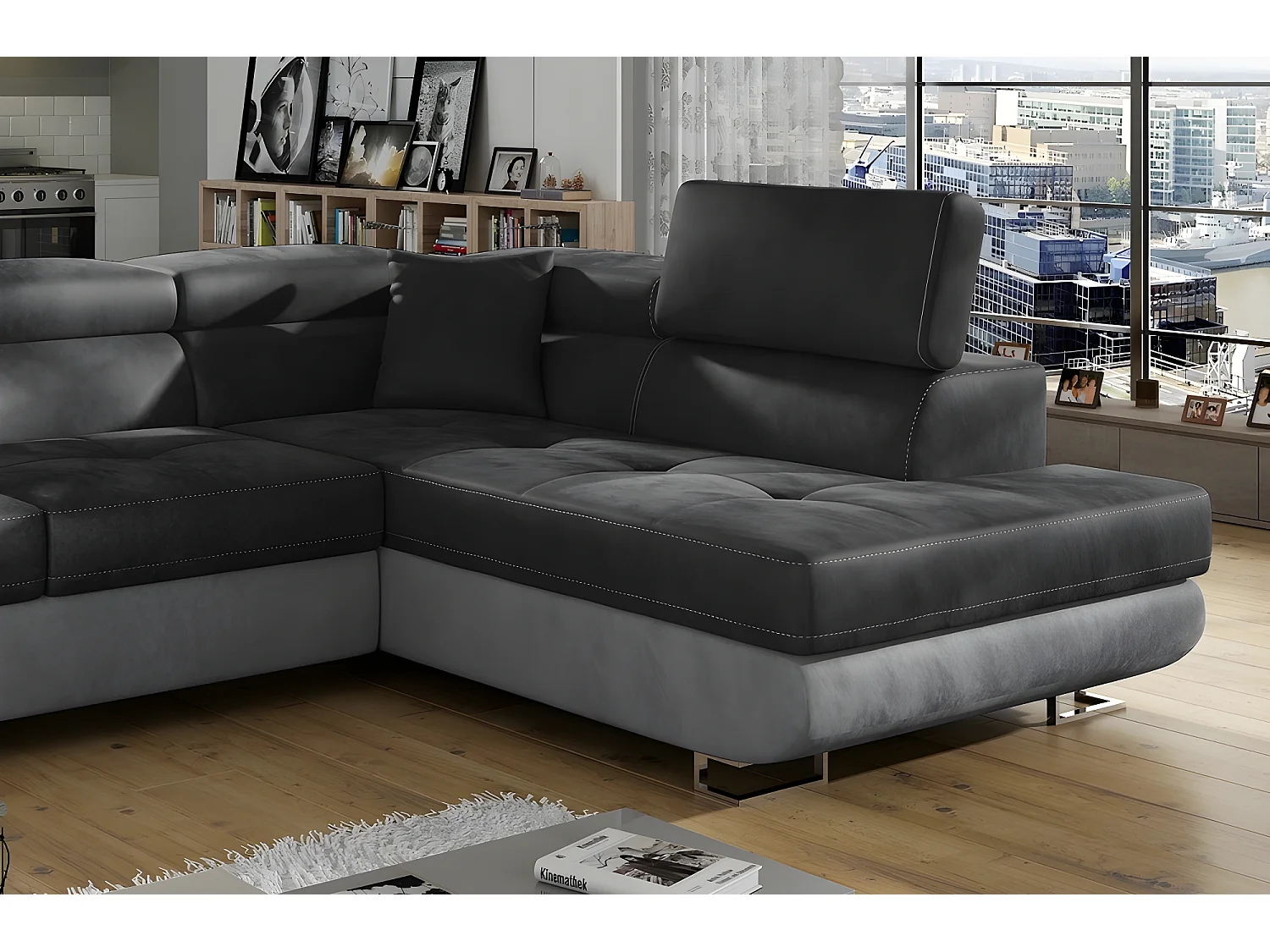 Canapé d'angle convertible en tissu luxe 5 places, avec coffre, gris foncé / gris clair, angle droit (vu de face), ANNECY VELOURS