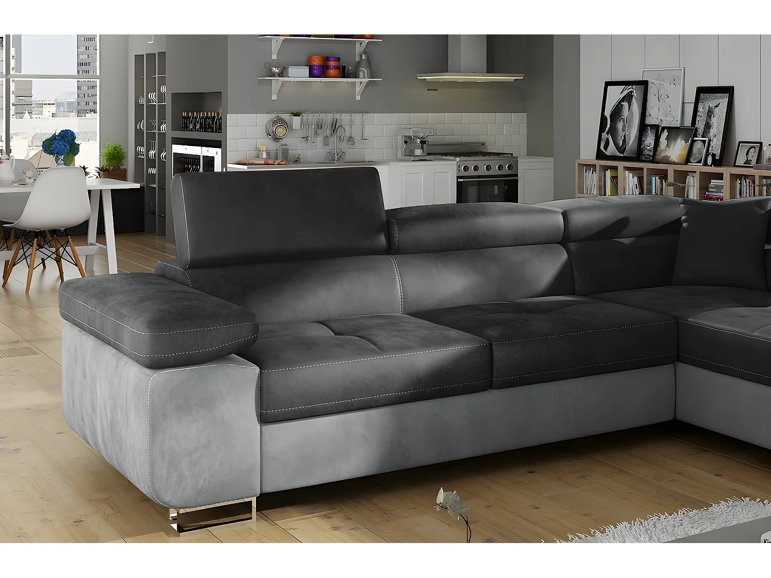 Canapé d'angle convertible en tissu luxe 5 places, avec coffre, gris foncé / gris clair, angle droit (vu de face), ANNECY VELOURS