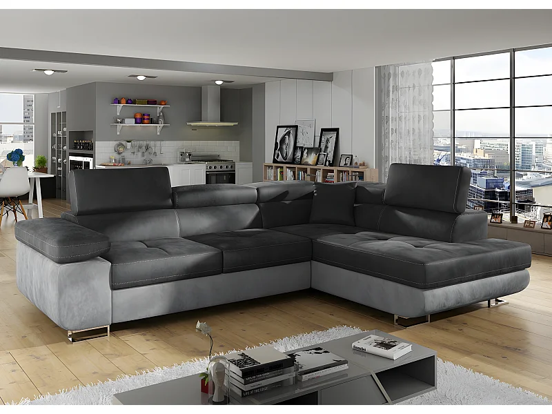 Canapé d'angle convertible en tissu luxe 5 places, avec coffre, gris foncé / gris clair, angle droit (vu de face), ANNECY VELOURS