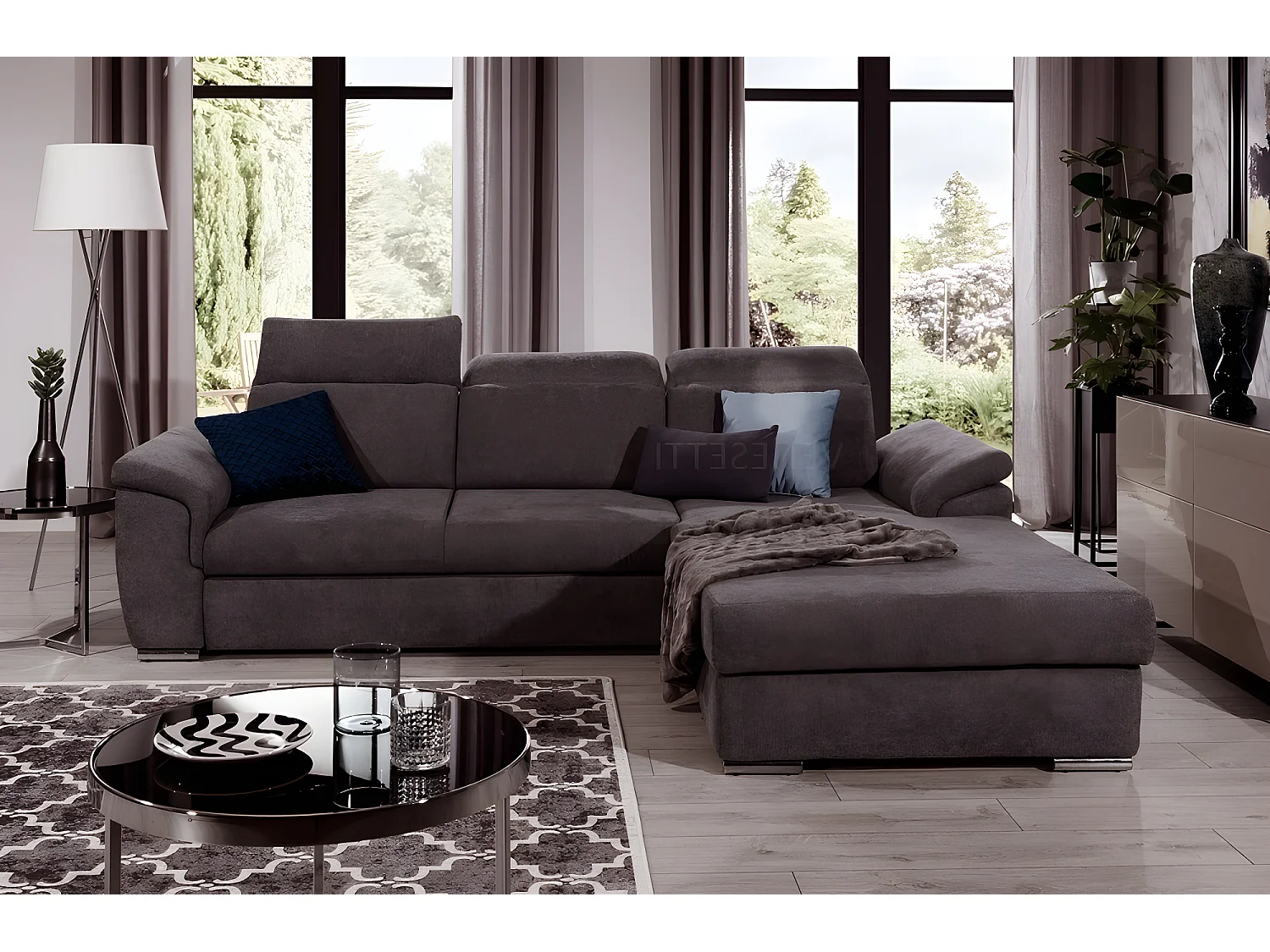 Canapé d'angle convertible en tissu Luxe, marron, 5 places, angle droit (vu de face) , TRESOR