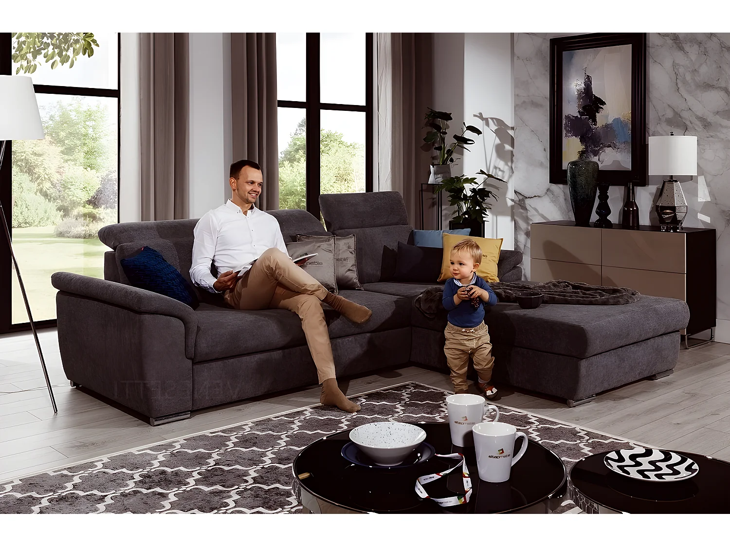 Canapé d'angle convertible en tissu Luxe, marron, 5 places, angle droit (vu de face) , TRESOR