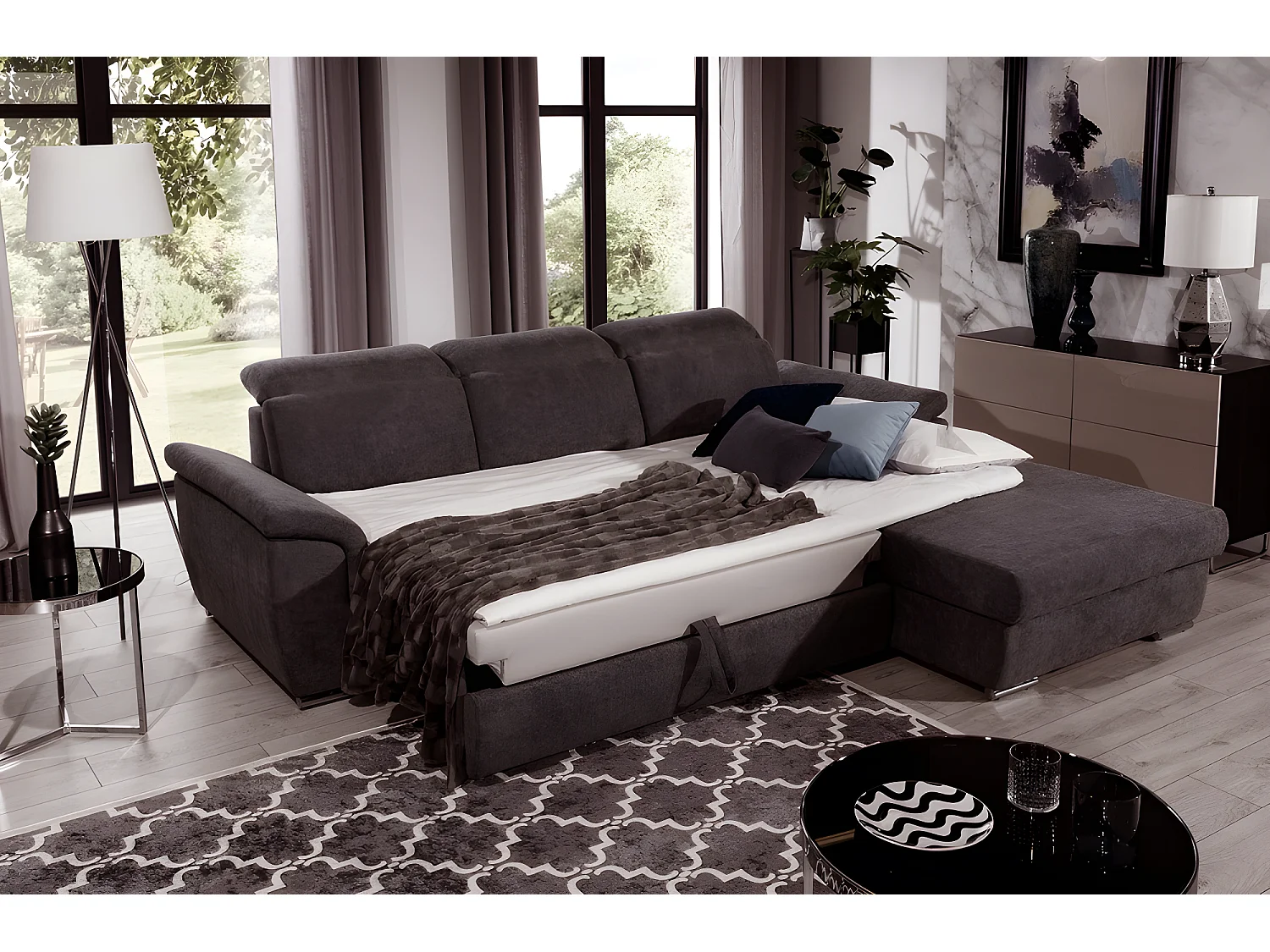 Canapé d'angle convertible en tissu Luxe, marron, 5 places, angle droit (vu de face) , TRESOR