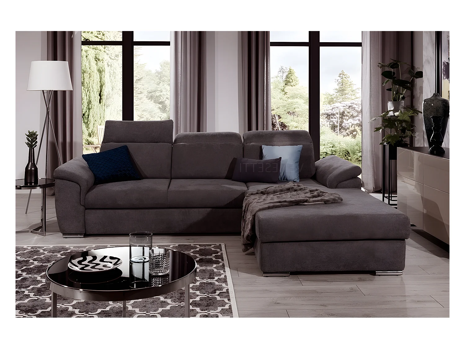Canapé d'angle convertible en tissu Luxe, marron, 5 places, angle droit (vu de face) , TRESOR