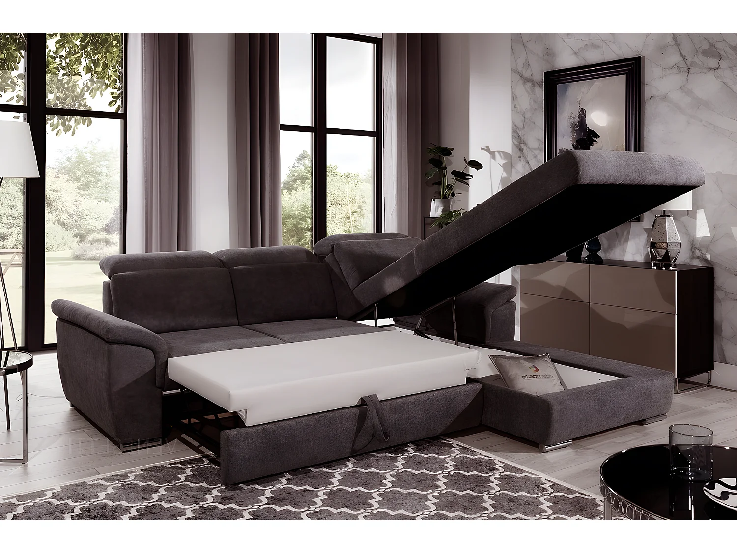 Canapé d'angle convertible en tissu Luxe, marron, 5 places, angle droit (vu de face) , TRESOR