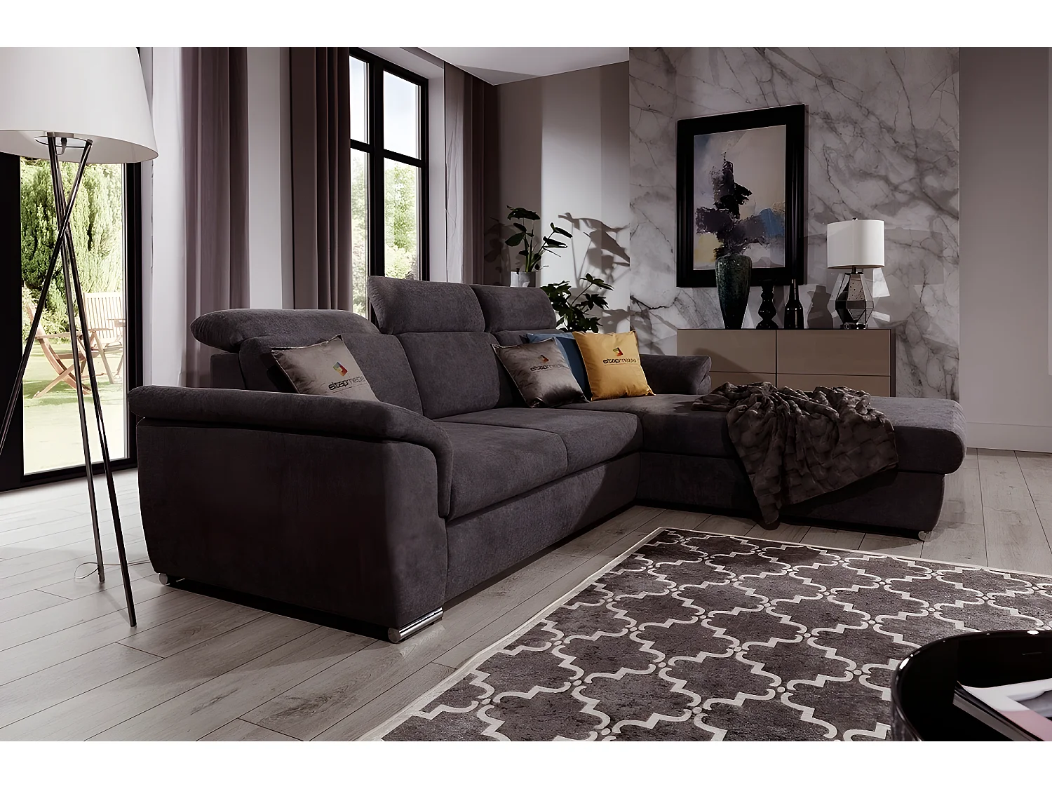 Canapé d'angle convertible en tissu Luxe, marron, 5 places, angle droit (vu de face) , TRESOR