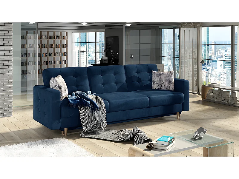 Canapé 3 places convertible - en tissu de qualité bleu, ASVENA VELOURS