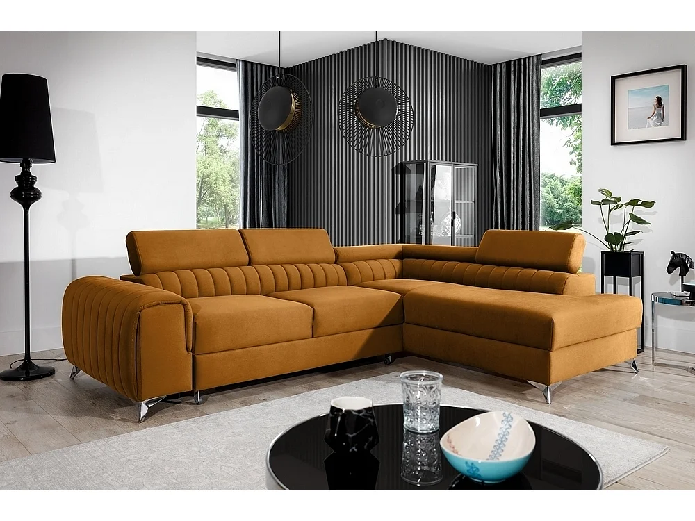 Canapé d'angle convertible - LARRY VELOURS - en tissu Luxe, bronze, 5 places, angle droit (vu de face)