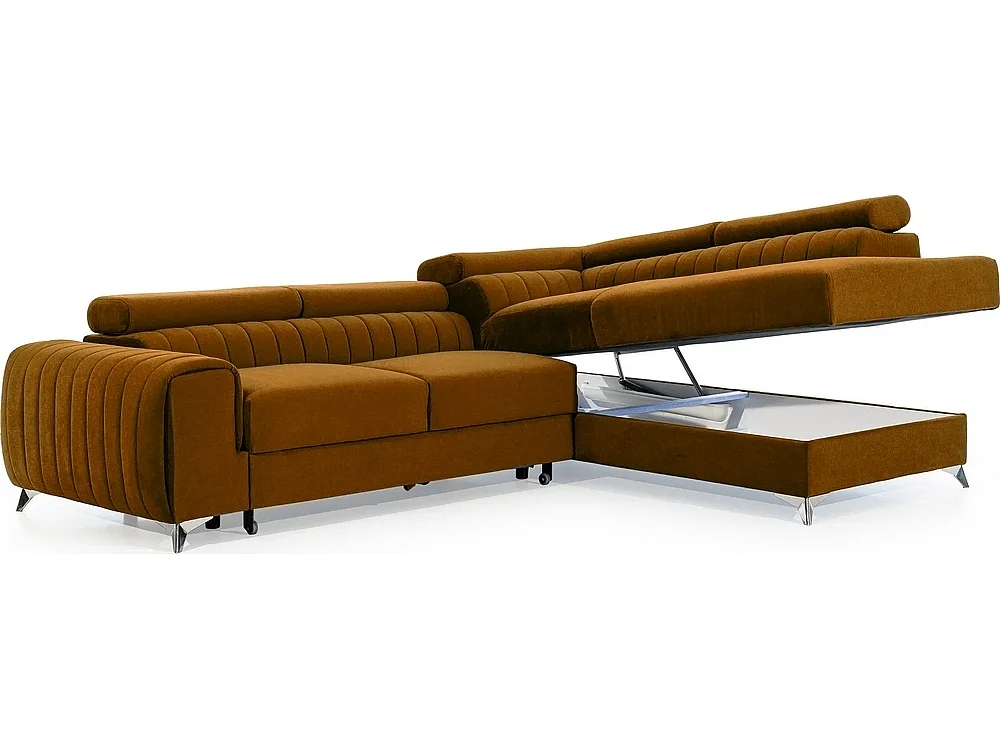 Canapé d'angle convertible - LARRY VELOURS - en tissu Luxe, bronze, 5 places, angle droit (vu de face)