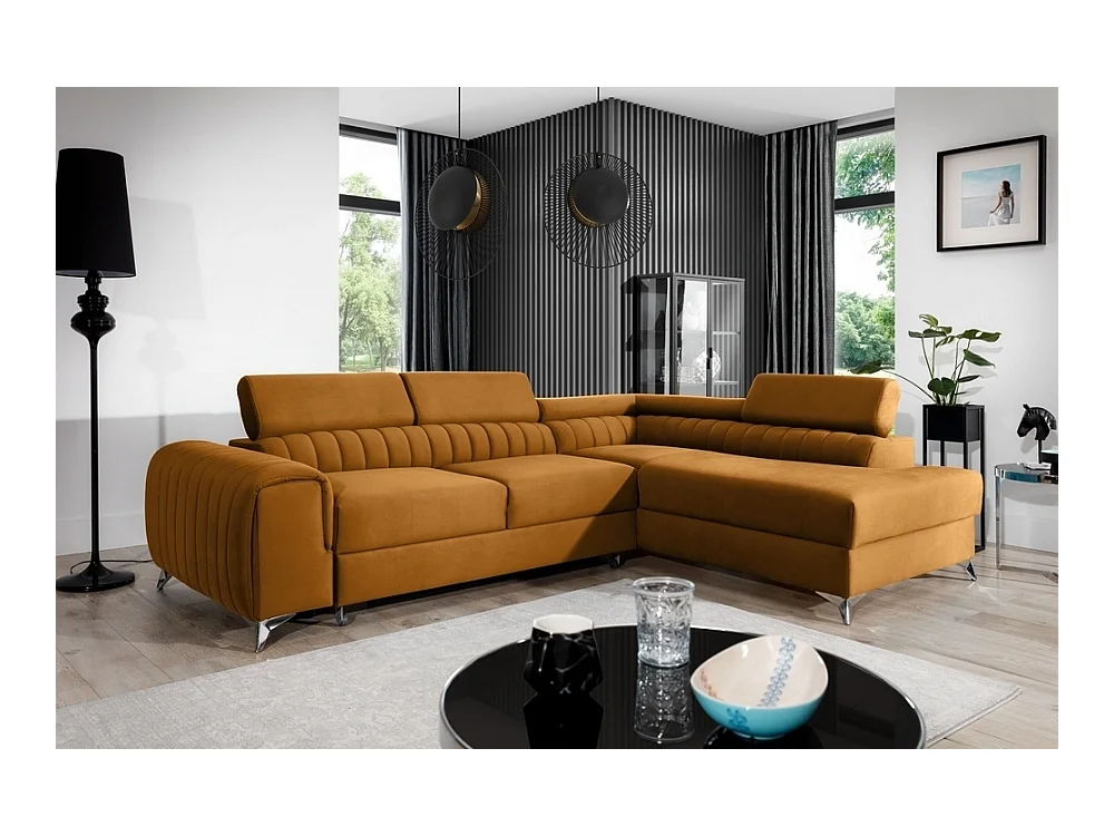 Canapé d'angle convertible - LARRY VELOURS - en tissu Luxe, bronze, 5 places, angle droit (vu de face)