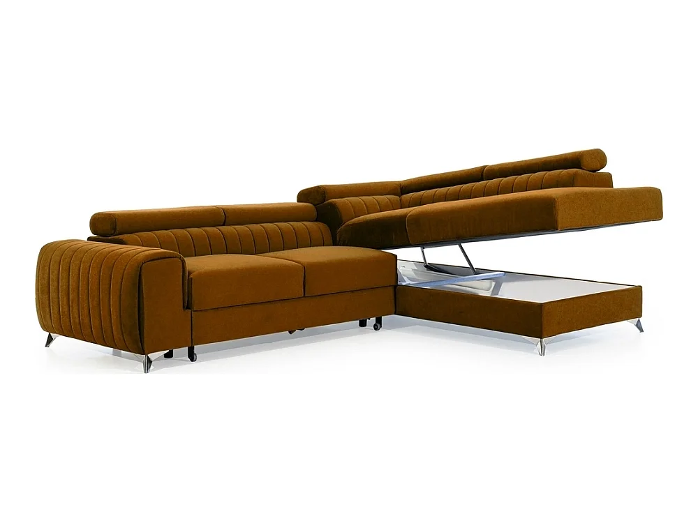 Canapé d'angle convertible - LARRY VELOURS - en tissu Luxe, bronze, 5 places, angle droit (vu de face)
