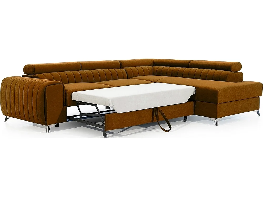 Canapé d'angle convertible - LARRY VELOURS - en tissu Luxe, bronze, 5 places, angle droit (vu de face)