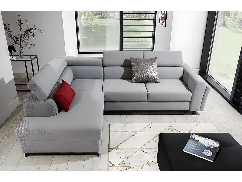 Canapé d'angle convertible - KARL - en tissu prestige, 5 places, gris , angle gauche (vu de face)