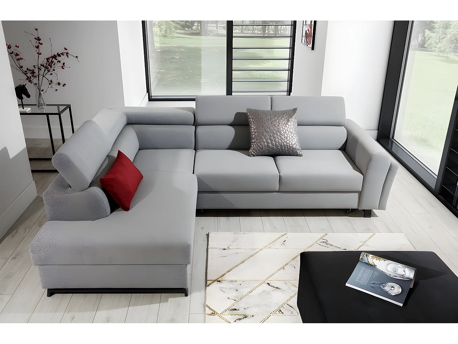 Canapé d'angle convertible - KARL - en tissu prestige, 5 places, gris , angle gauche (vu de face)