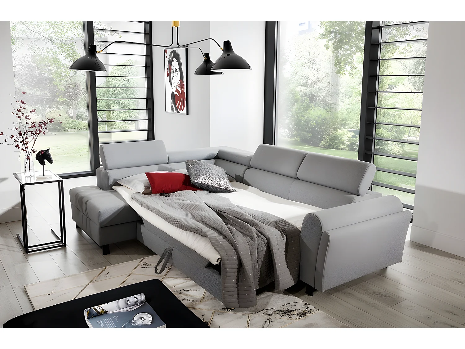 Canapé d'angle convertible - KARL - en tissu prestige, 5 places, gris , angle gauche (vu de face)