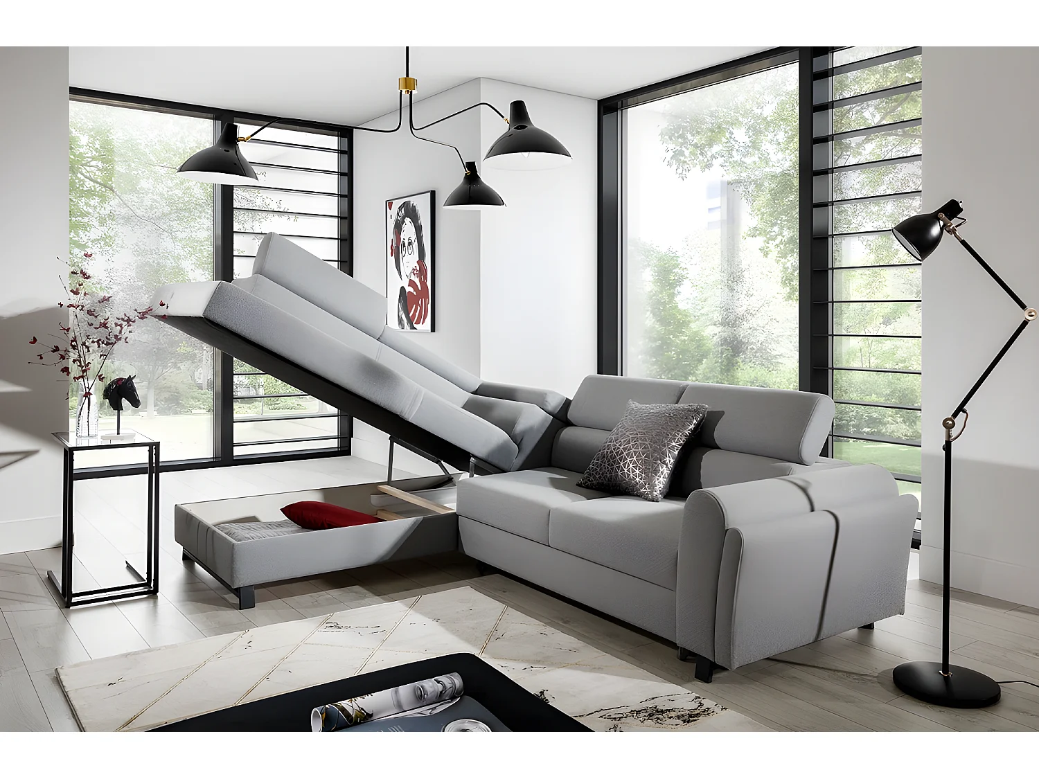 Canapé d'angle convertible - KARL - en tissu prestige, 5 places, gris , angle gauche (vu de face)