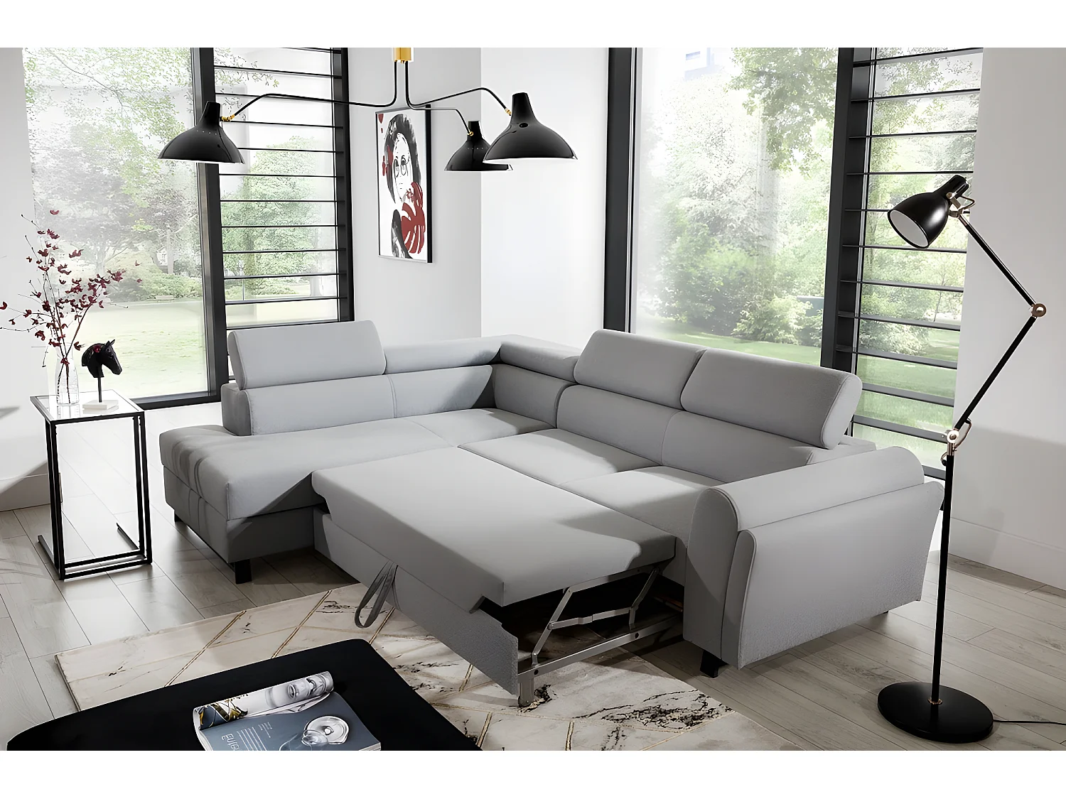 Canapé d'angle convertible - KARL - en tissu prestige, 5 places, gris , angle gauche (vu de face)