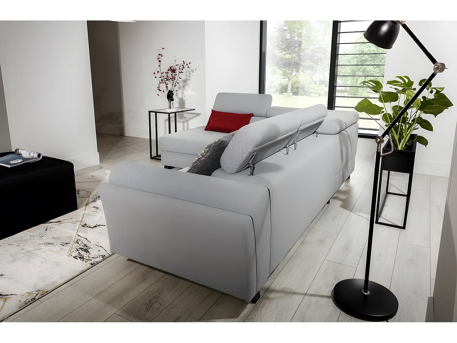 Canapé d'angle convertible - KARL - en tissu prestige, 5 places, gris , angle gauche (vu de face)