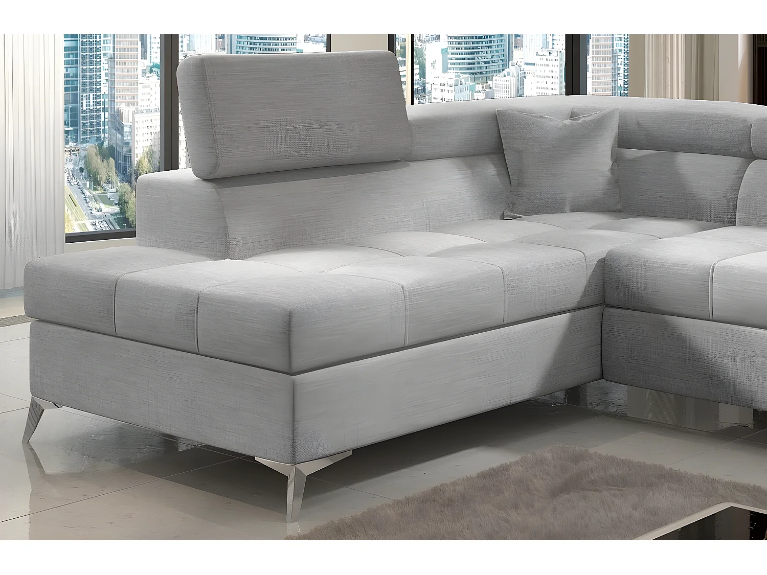 Canapé d'angle convertible - ERNEST - en tissu luxe 5 places, gris, angle gauche (vu de face)