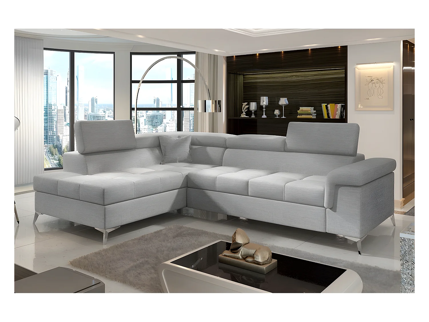 Canapé d'angle convertible - ERNEST - en tissu luxe 5 places, gris, angle gauche (vu de face)