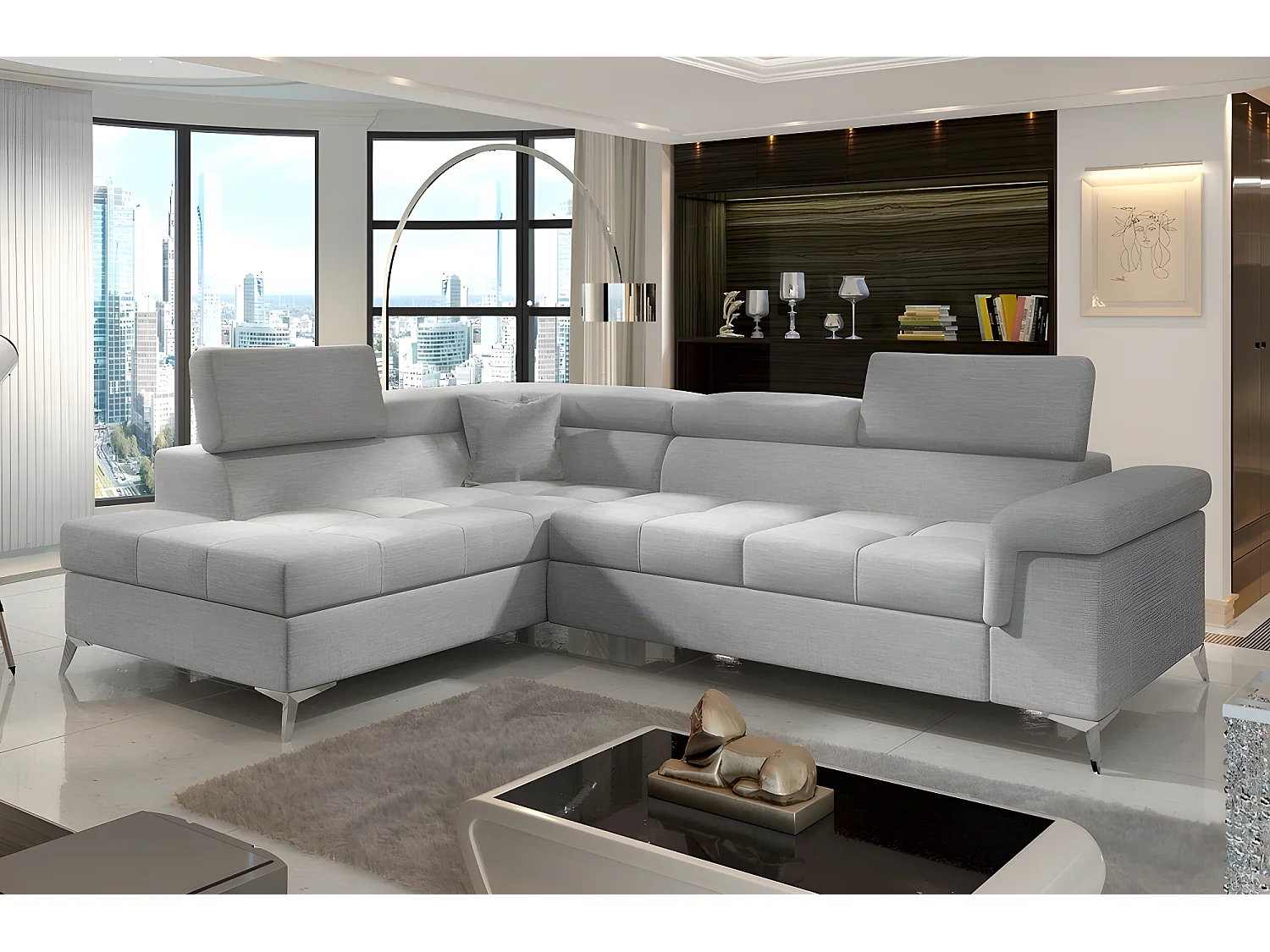 Canapé d'angle convertible - ERNEST - en tissu luxe 5 places, gris, angle gauche (vu de face)