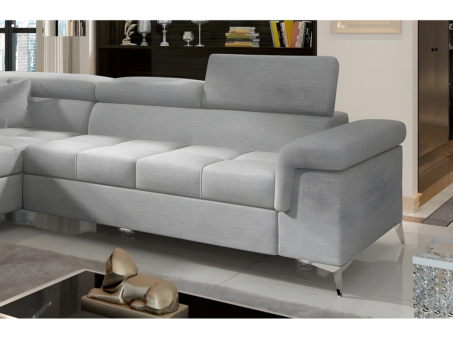 Canapé d'angle convertible - ERNEST - en tissu luxe 5 places, gris, angle gauche (vu de face)