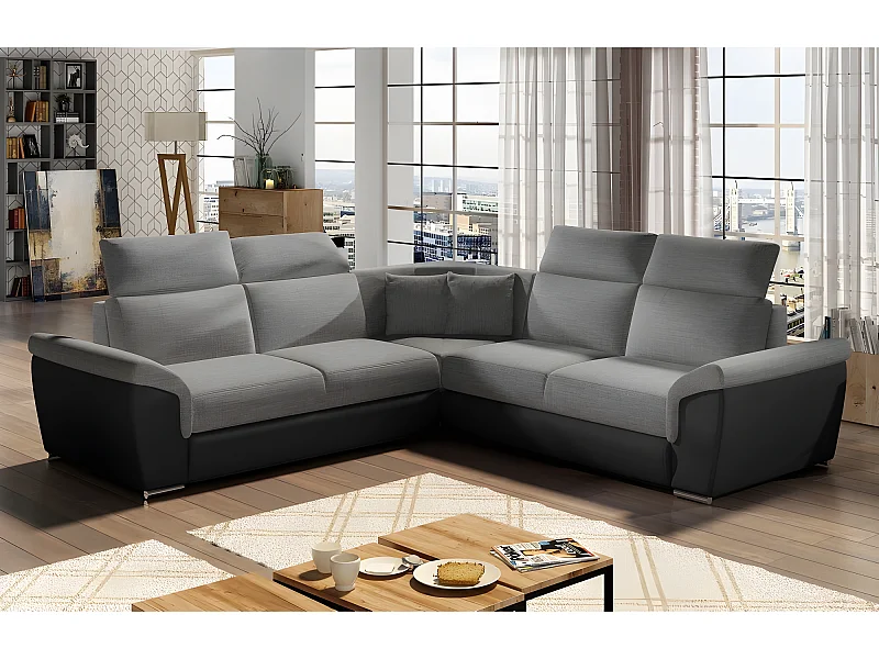 Canapé d'angle - convertible - FELIPE - en tissu gris clair et simili cuir gris foncé, 5/6 places