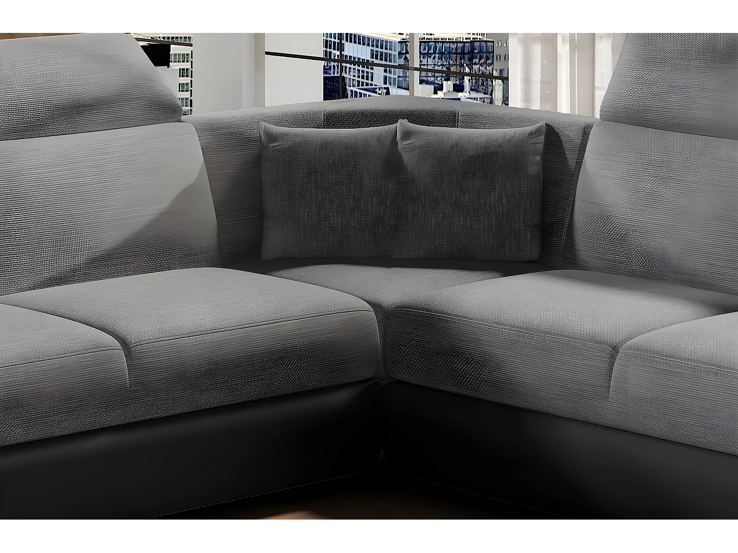 Canapé d'angle - convertible - FELIPE - en tissu gris clair et simili cuir gris foncé, 5/6 places